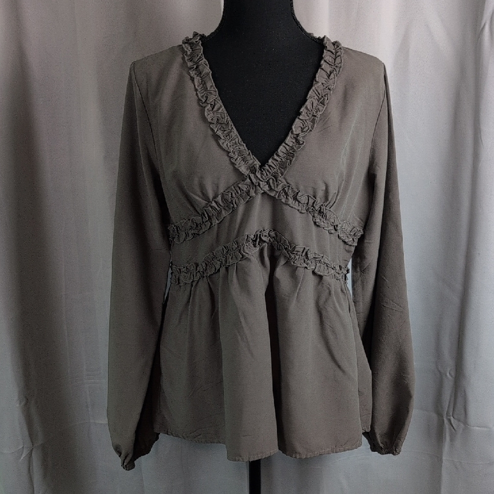 Gray Ruffled Peplum Blouse with Long Sleeves